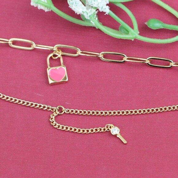 "Dual Layer Rose Gold Bracelet with Heart Lock & Key Charms, XPBL1157 - Picture 8 of 12
